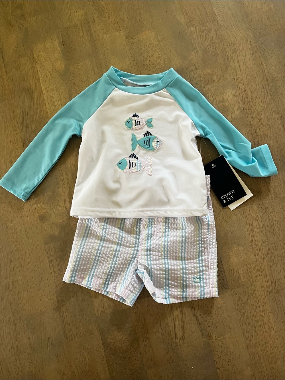 NWT Size 9 month Crown & Ivy Kids Turquoise White Fish Rash Guard Swim Set